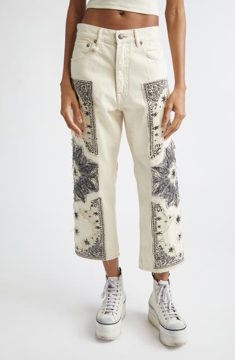 X-Boyfriend Crop Jeans (Ecru Bandana Appliqué)