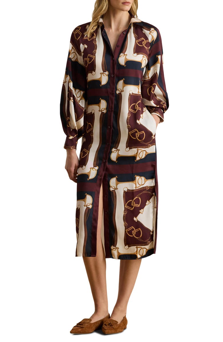 Lauren Ralph Lauren Equestrian Print Long Sleeve Twill Midi Shirtdress, Main, color, Navy/ Cream Multi