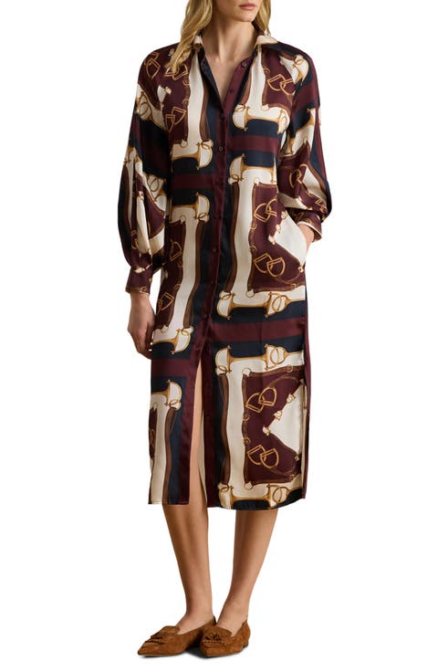 Equestrian Print Long Sleeve Twill Midi Shirtdress
