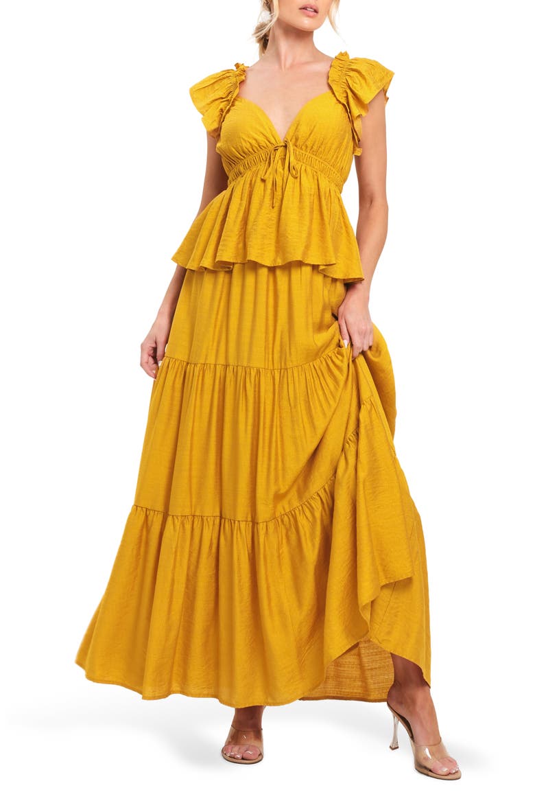 Flutter Sleeve Peplum Maxi Dress, Main, color, MUSTARD