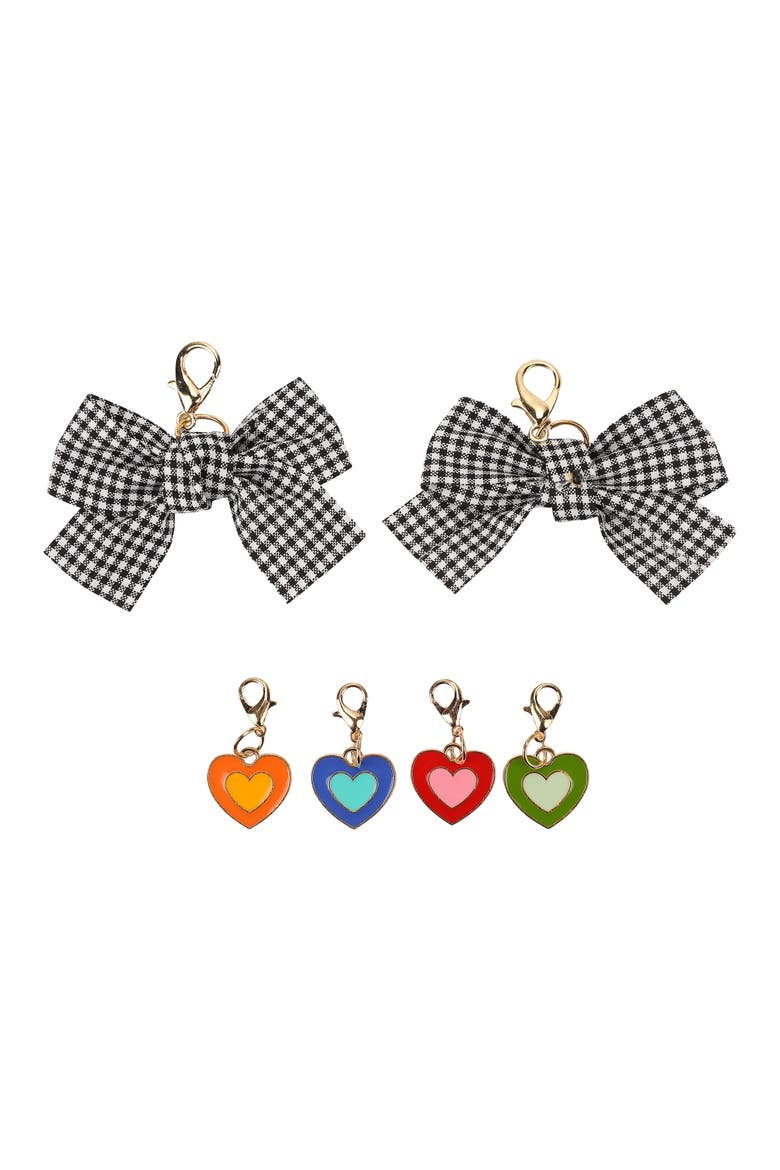 Plaid Bows and Rainbow Hearts Shoe Charm Set 6pc - Gingham Bow and Enamel Heart Charms with Lobster Clips for Sneakers, 2.75x3.3 Inch, Alternate, color, Multicolor