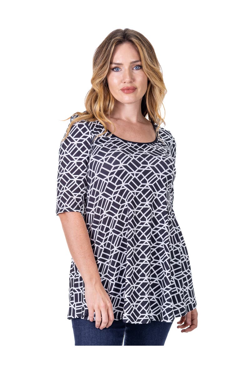 Geometric Print Elbow Sleeve Casual Tunic Top, Main, color, Black Multi