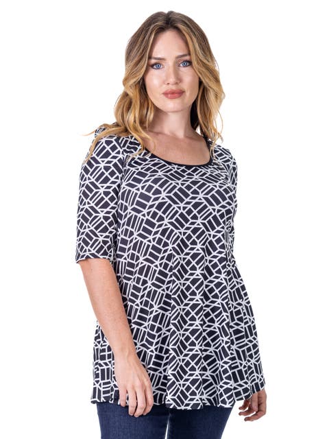 Geometric Print Elbow Sleeve Casual Tunic Top