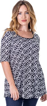 24seven Comfort Apparel Geometric Print Elbow Sleeve Casual Tunic Top