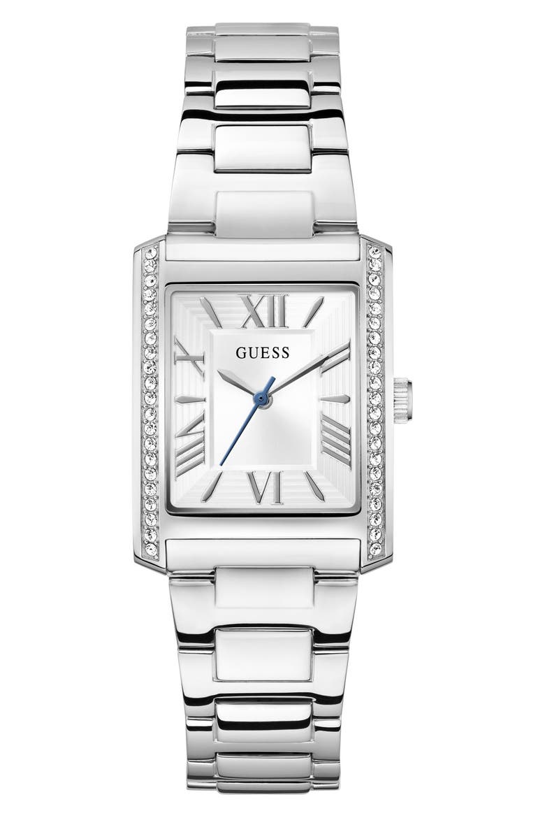 Bonnie Pavé Crystal Bezel Silvertone Bracelet Tank Watch, 27mm, Main, color, SILVER