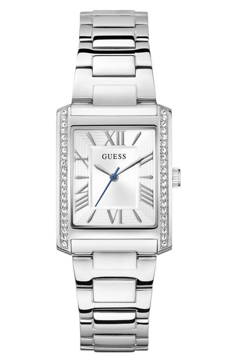 Bonnie Pavé Crystal Bezel Silvertone Bracelet Tank Watch, 27mm