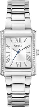 GUESS Bonnie Pavé Crystal Bezel Silvertone Bracelet Tank Watch, 27mm