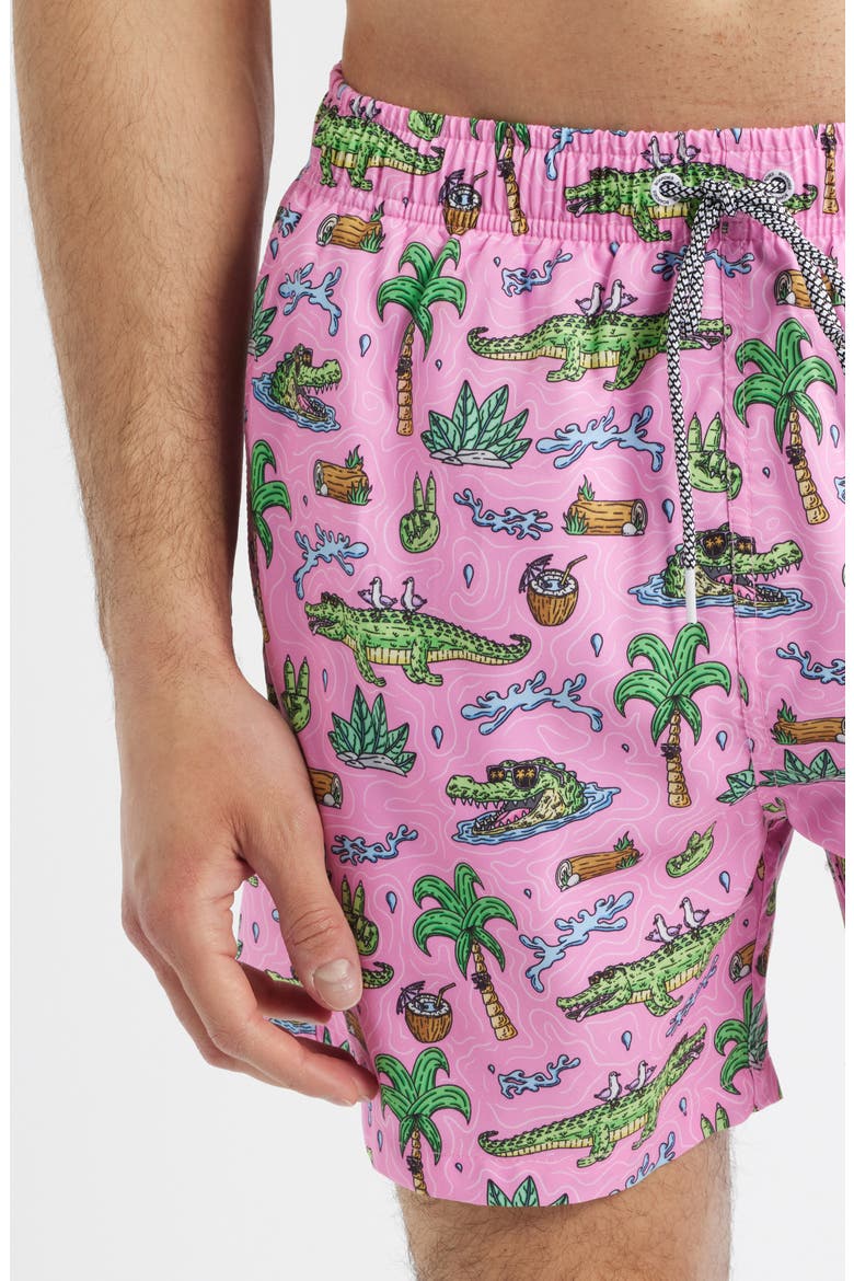 Crocodile Print Mid Length Swim Trucks, Alternate, color, PINK