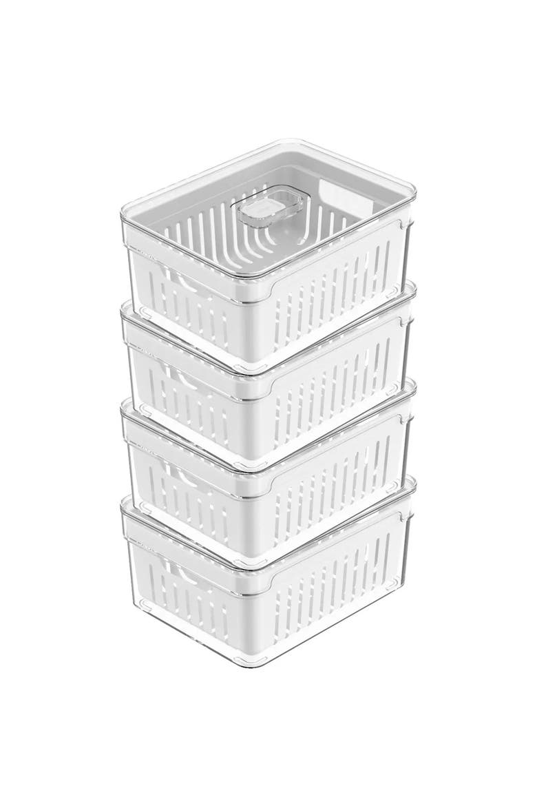 Clear Stackable Fridge Organizer Bin with Drain Basket and Vented Lid, 4 Pack, Main, color, Clear with White Drainer