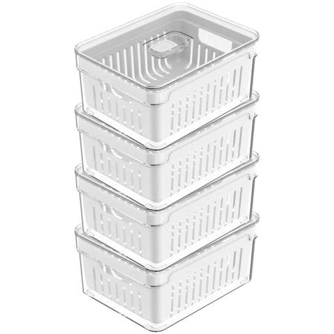 Clear Stackable Fridge Organizer Bin with Drain Basket and Vented Lid, 4 Pack