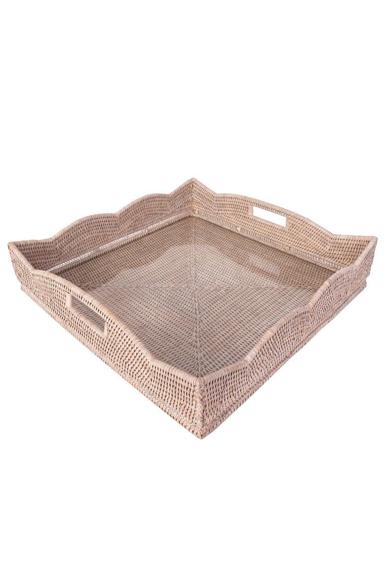 Scalloped Rattan Square Tray with Glass Insert, Alternate, color, White Wash