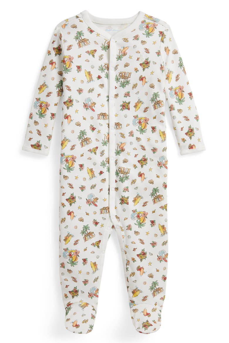 Polo Bear Print Long Sleeve Cotton Footie, Main, color, BEARADISE