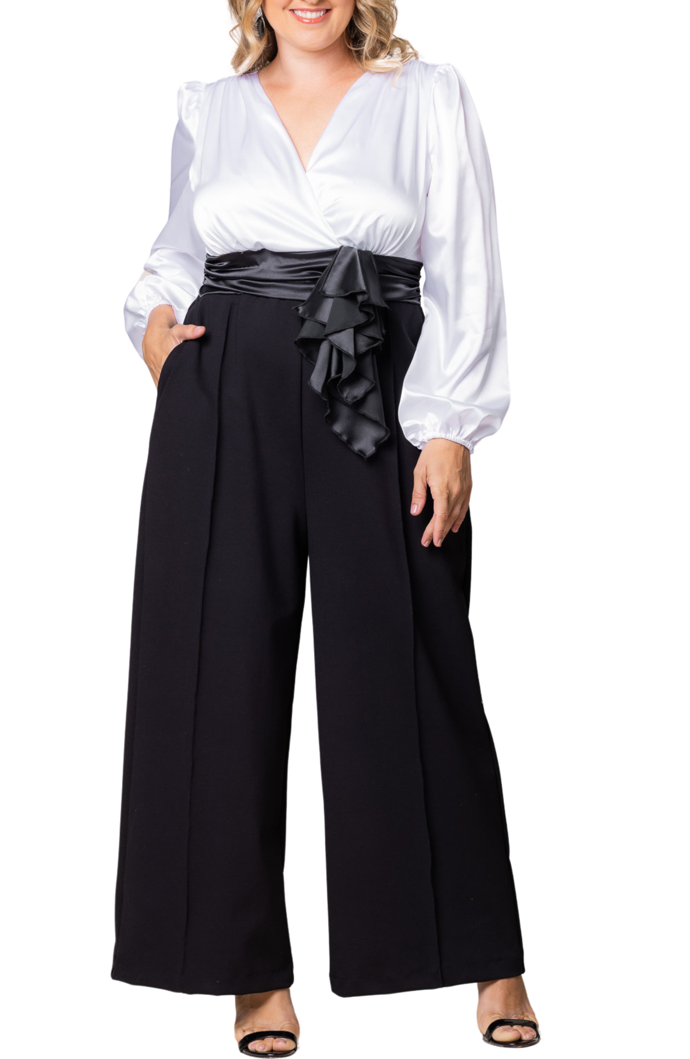 Kiyonna Refined Puff Shoulder Long Sleeve Wide Leg Jumpsuit in Black Tie Affair 