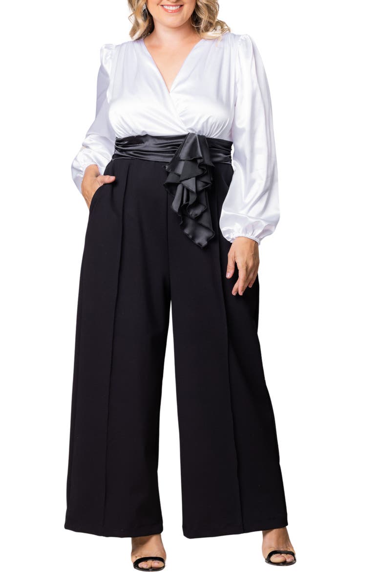 Refined Puff Shoulder Long Sleeve Wide Leg Jumpsuit, Main, color, BLACK TIE AFFAIR