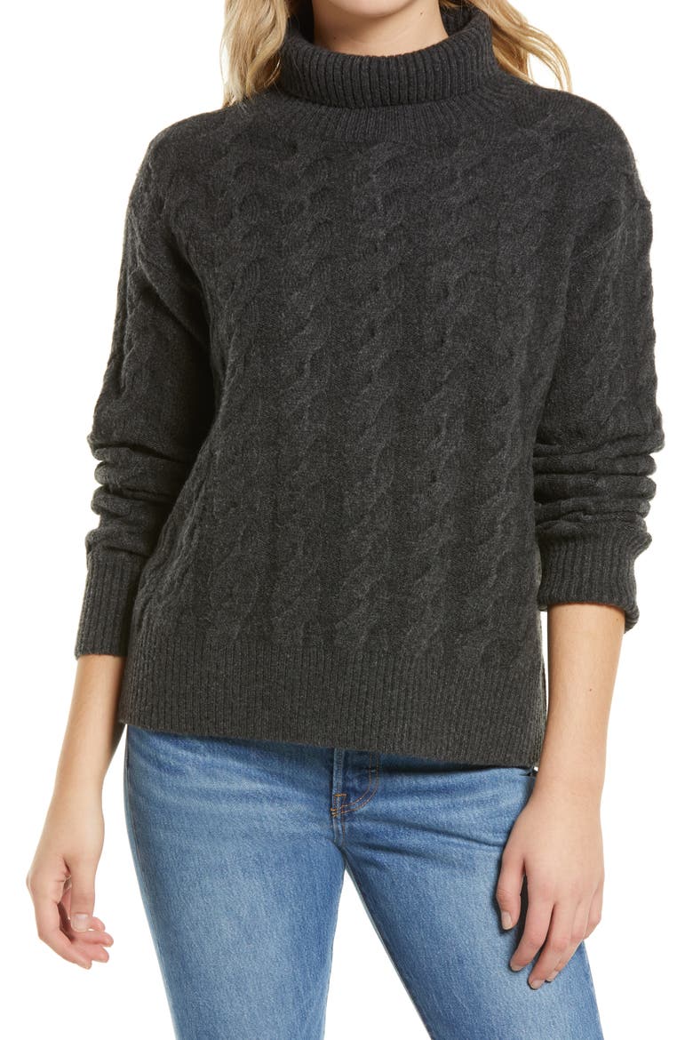 Cable Turtleneck Sweater, Main, color, GREY DARK CHARCOAL HEATHER