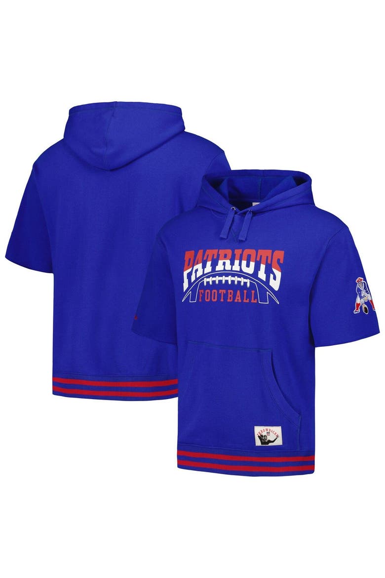 Men's Mitchell & Ness Royal New England Patriots Pre-Game Short Sleeve Pullover Hoodie, Main, color, Royal