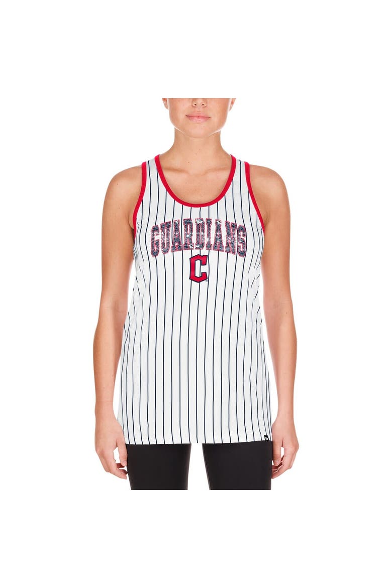 Women's New Era White Cleveland Guardians Sequin Pinstripe Racerback Tank Top, Alternate, color, White