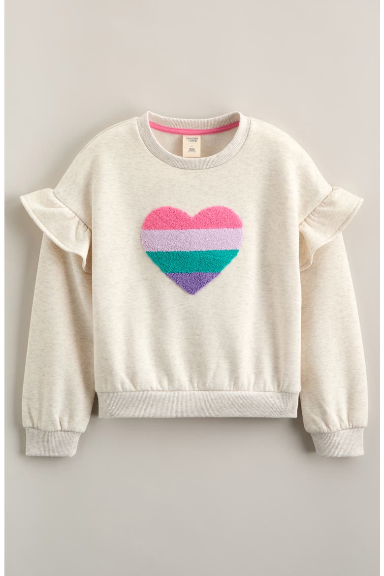 Kids' Ruffle Cotton Blend Sweatshirt, Main, color, BEIGE OATMEAL HEATHER HEART