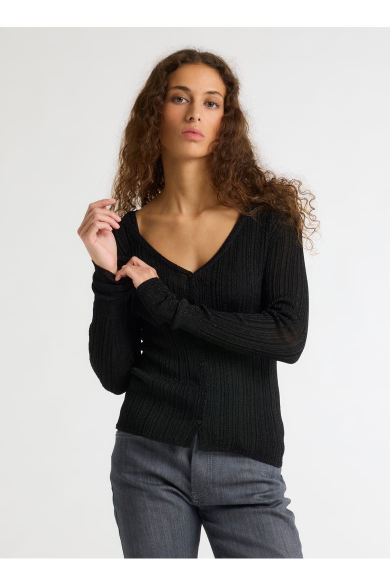 Novelty Metallic Rib V-Neck Cardigan, Main, color, METAL BLACK