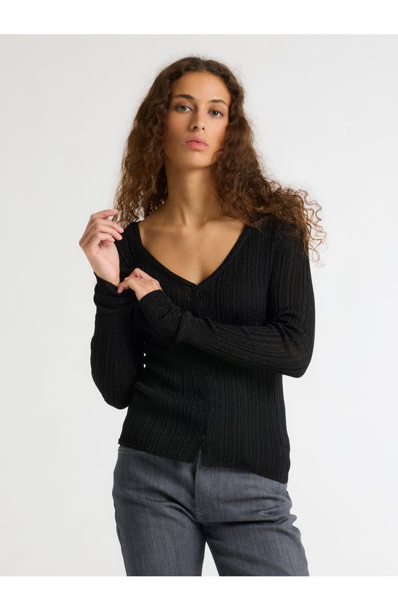 Majestic Filatures Novelty Metallic Rib V-Neck Cardigan, Main, color, Metal Black