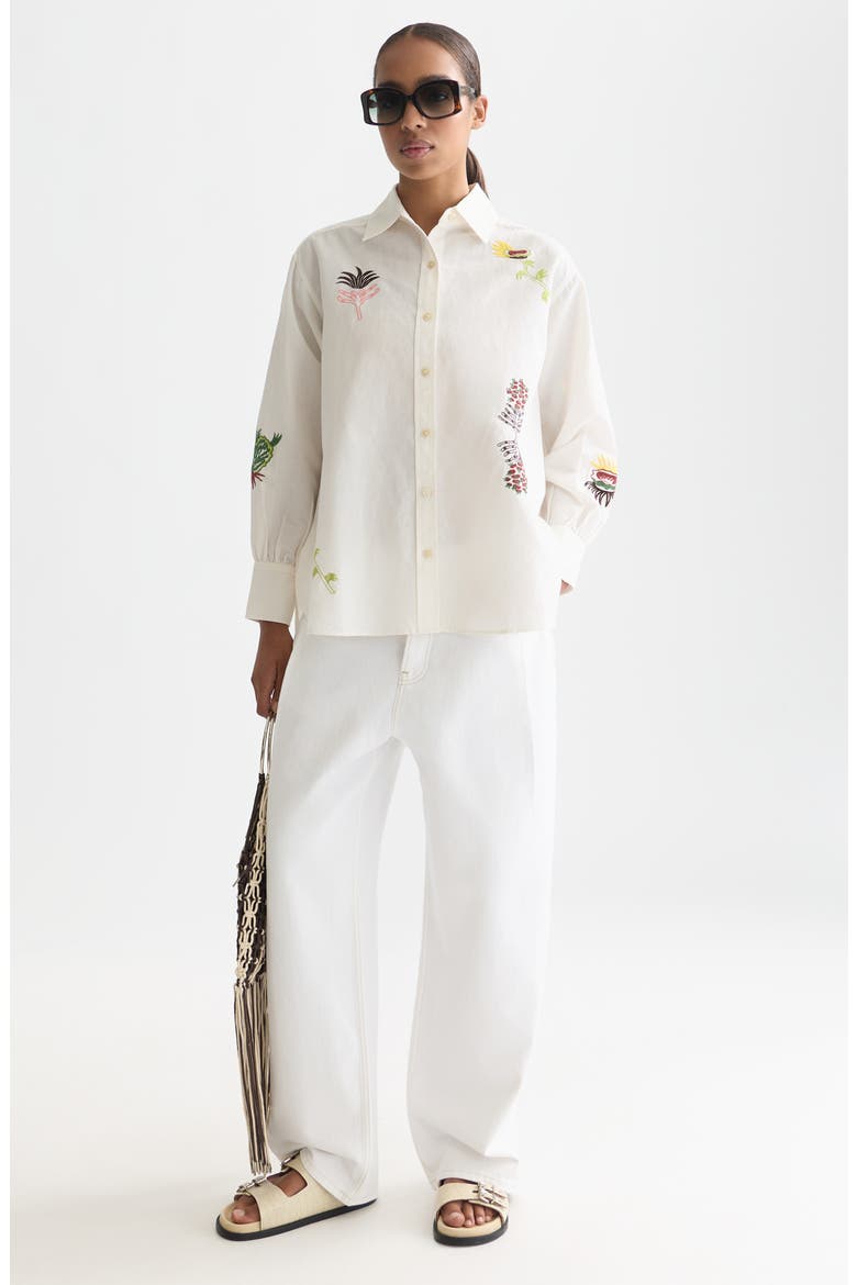 Embroidered Cotton & Linen Button-Up Shirt, Alternate, color, EGGNOG