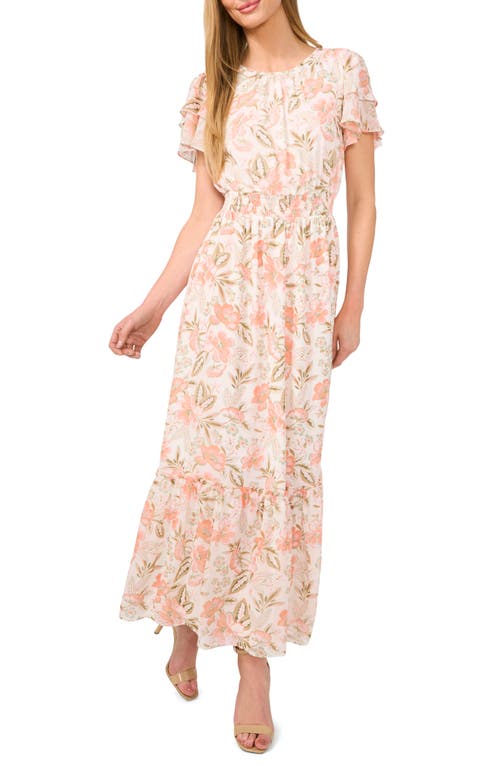 Shop Cece Floral Print Ruffle Sleeve Dress In New Ivory