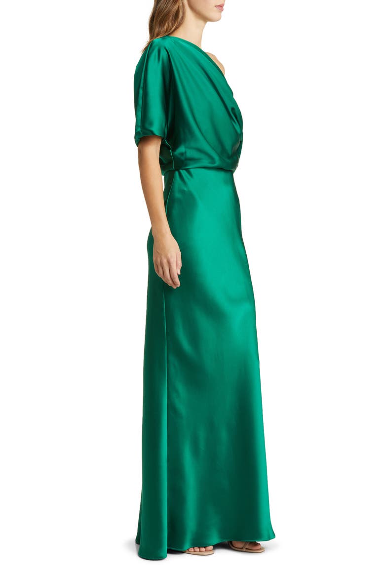 One-Shoulder Fluid Satin Gown, Alternate, color, EMERALD