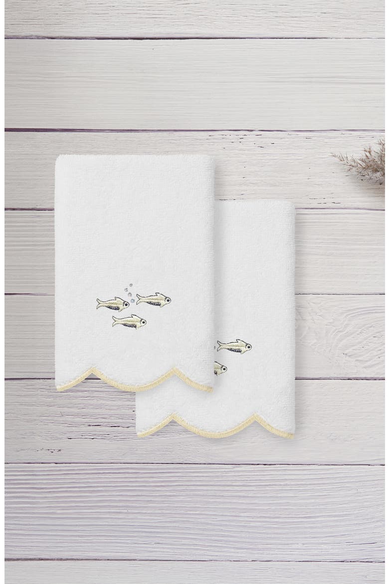 2-Piece Fish School Embroidered Turkish Cotton Fingertip Towel Set, Alternate, color, WHITE/ BEIGE
