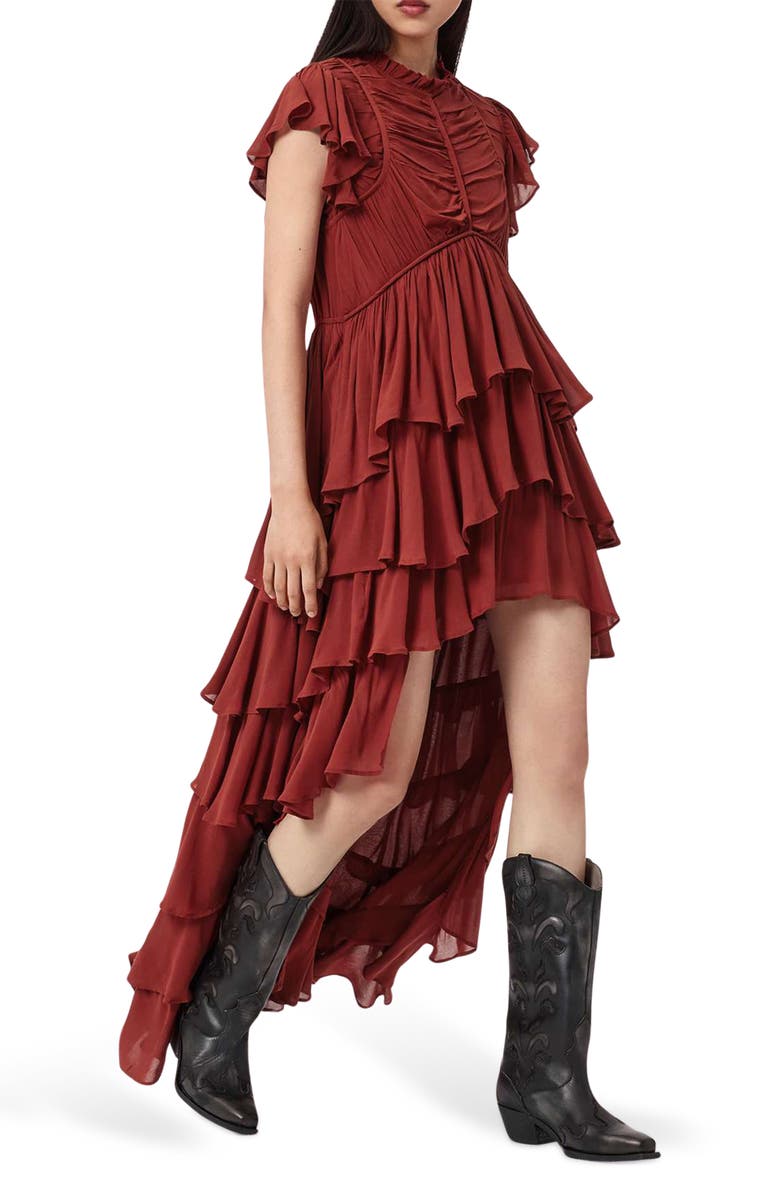 AllSaints Shaela Tiered Ruffle High-Low Dress, Alternate, color, Paprika Red