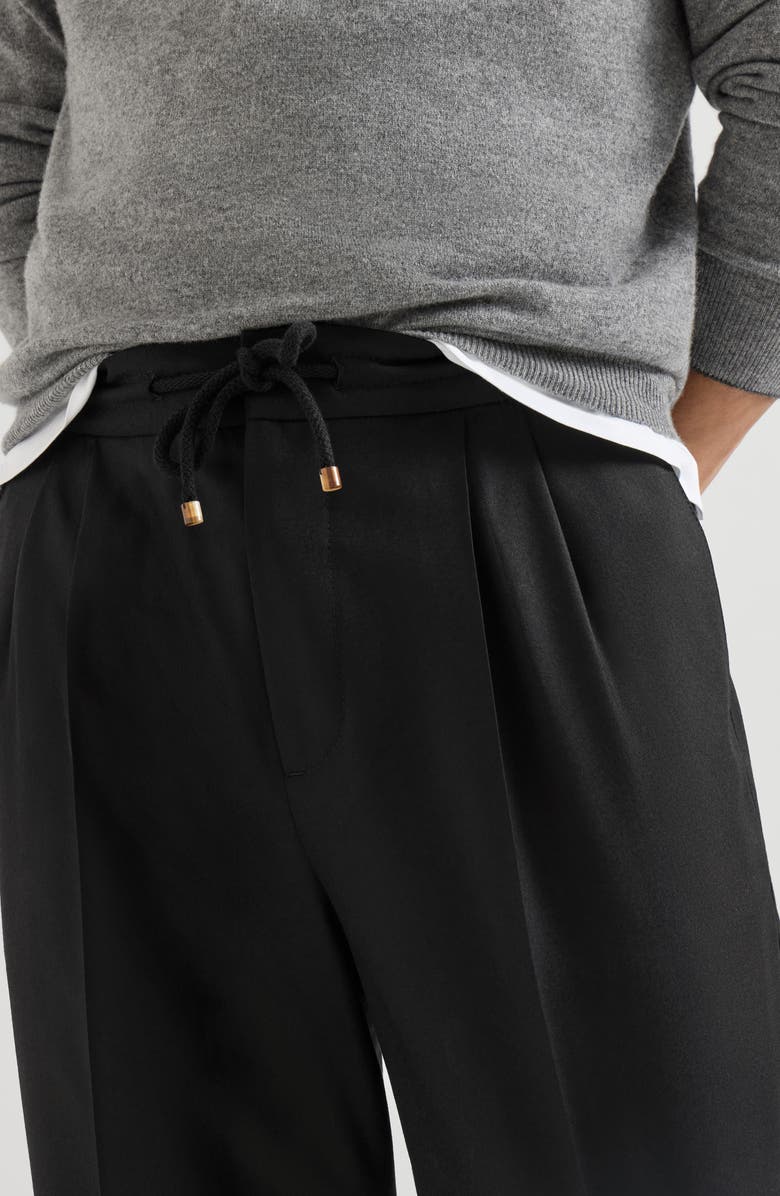 Brunello Cucinelli Virgin wool flannel trousers with drawstring and double pleats, Alternate, color, Black