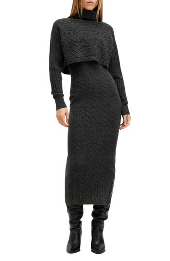 Allsaints Muriel 2-in-1 Knitted Slim Midi Dress In Cinder Black