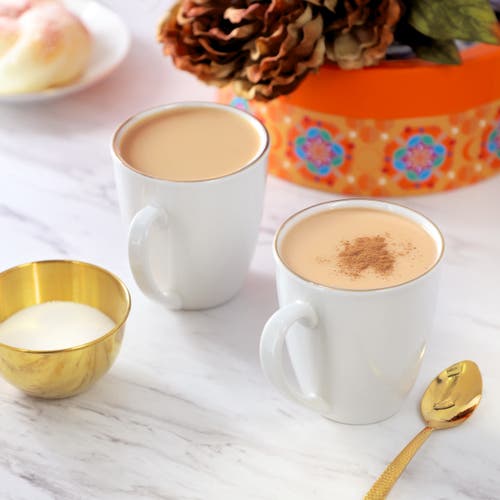 Gibson Home Ogalla 8 Piece 12 Ounce Gold Banded Fine Ceramic Mug Set In White