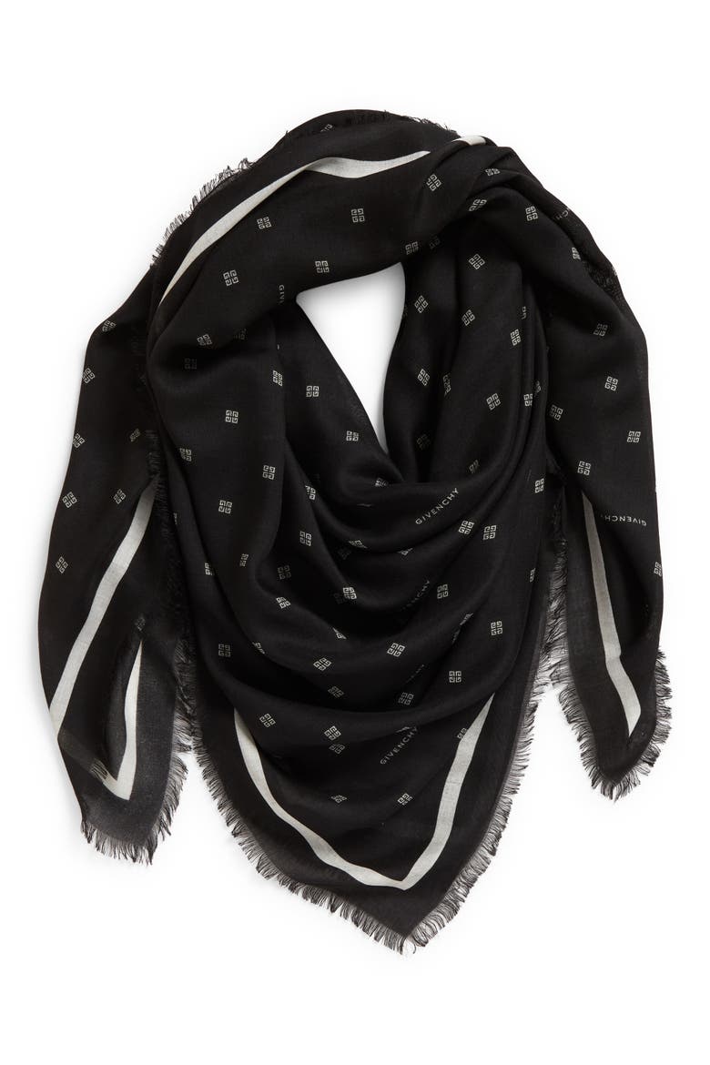 4G Logo Silk & Cashmere Fringe Scarf, Alternate, color, BLACK/ WHITE
