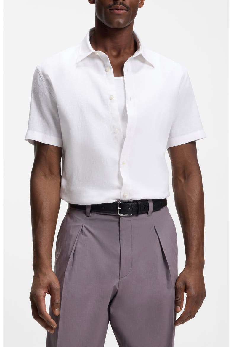 Short Sleeve Linen Blend Stretch Shirt, Main, color, WHITE