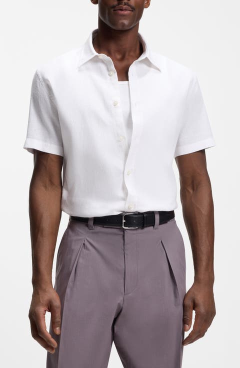 Short Sleeve Linen Blend Stretch Shirt