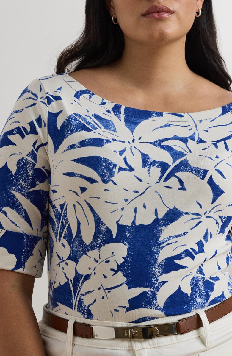 Lauren Ralph Lauren Palm Front Print Stretch Cotton Boatneck T-Shirt, Alternate, color,