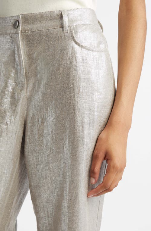 Max Mara Malika Metallic Coated Linen Wide Leg Pants In Silver