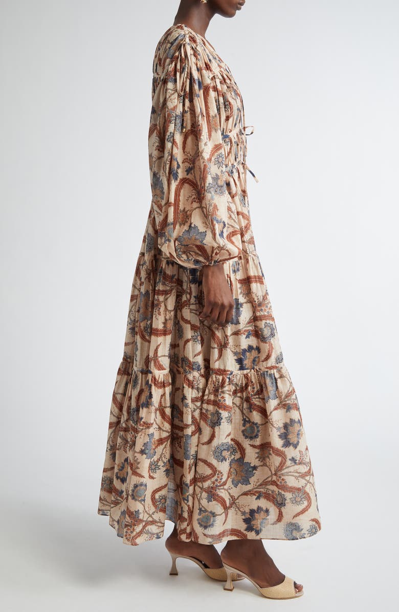 Zimmermann Ascension Tie Billow Long Sleeve Tiered Maxi Dress, Alternate, color, Blue Indienne Floral