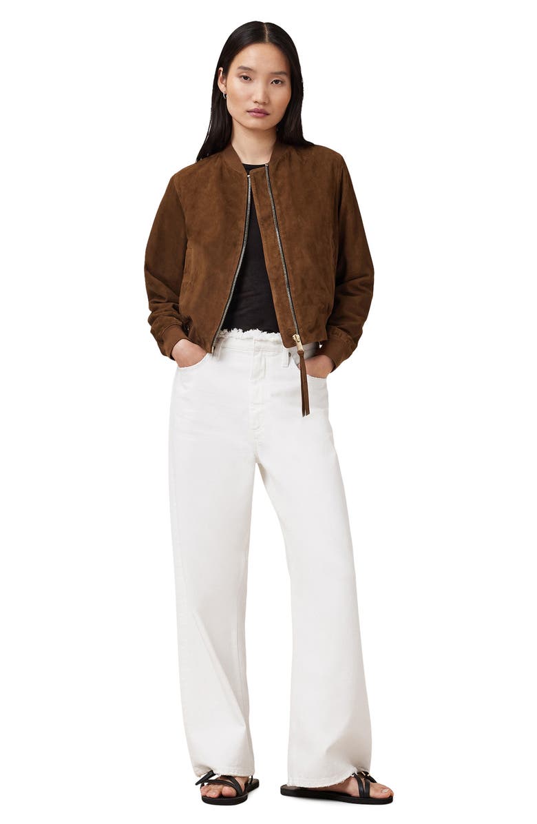 AllSaints Orten Suede Bomber Jacket, Alternate, color, Cognac Brown