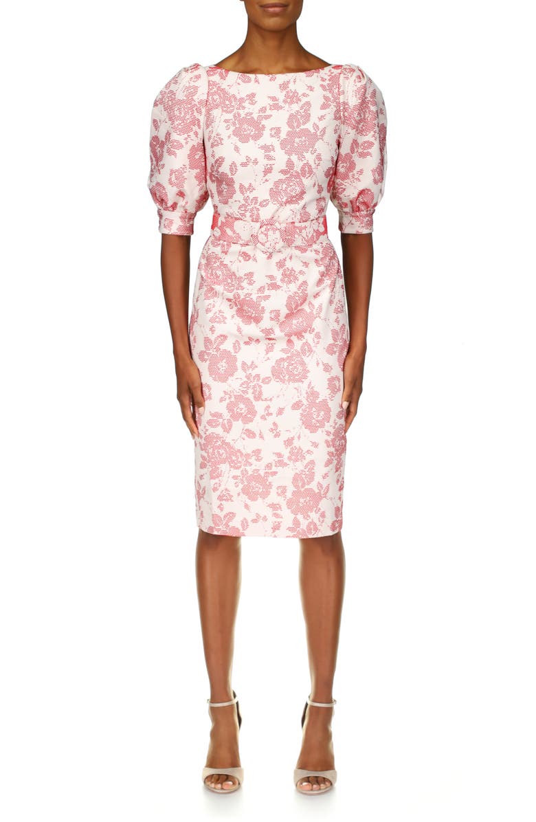 Badgley Mischka Collection Floral Jacquard Puff Sleeve Cocktail Dress, Main, color, 