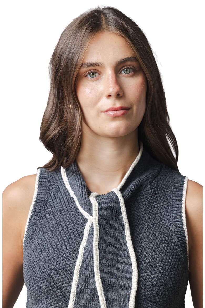 Organic Tie-Neck Button Front Sweater Tank, Alternate, color, Charcoal Heather