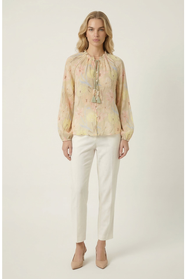 Floral Print Blouse with Tassel Tie Neck and Long Sleeve, Alternate, color, Beige Floral
