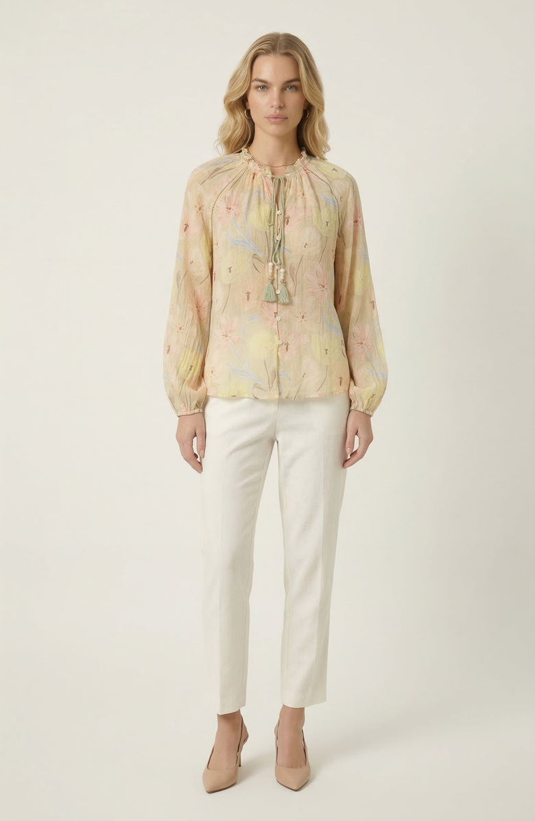 Modenaire Floral Print Blouse with Tassel Tie Neck and Long Sleeve, Alternate, color, Beige Floral