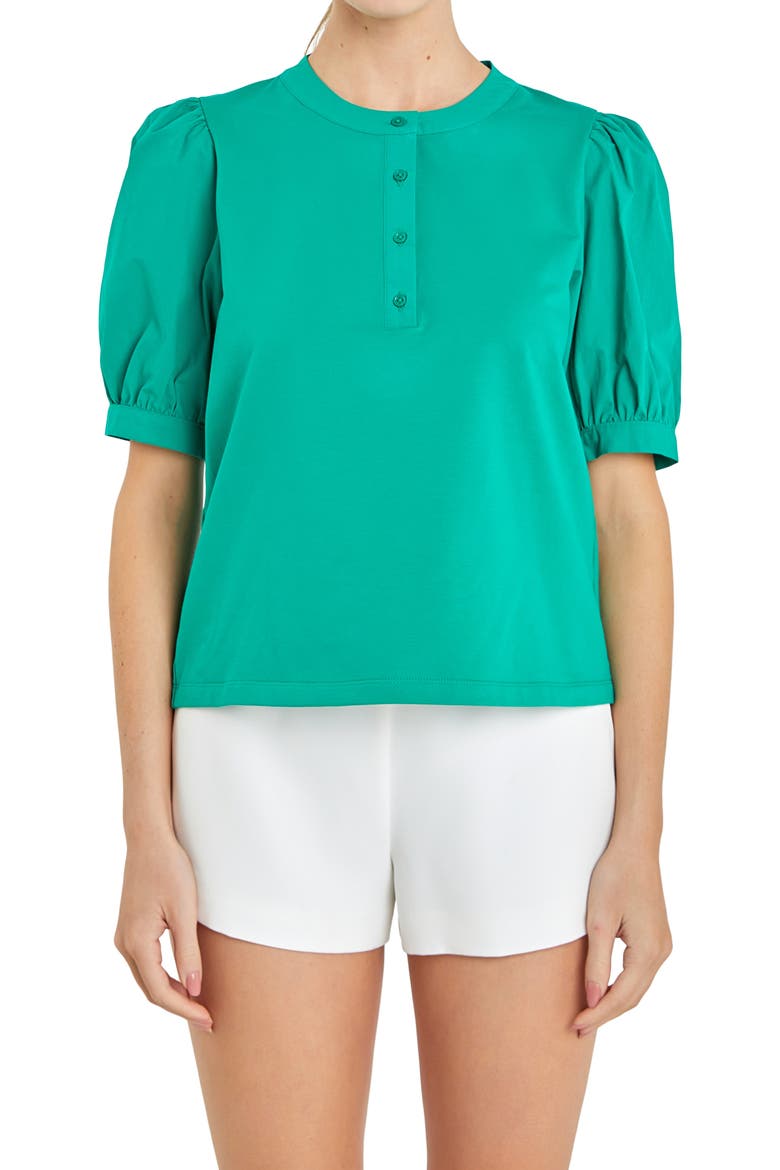 Mixed Media Puff Sleeve Top, Alternate, color, GREEN