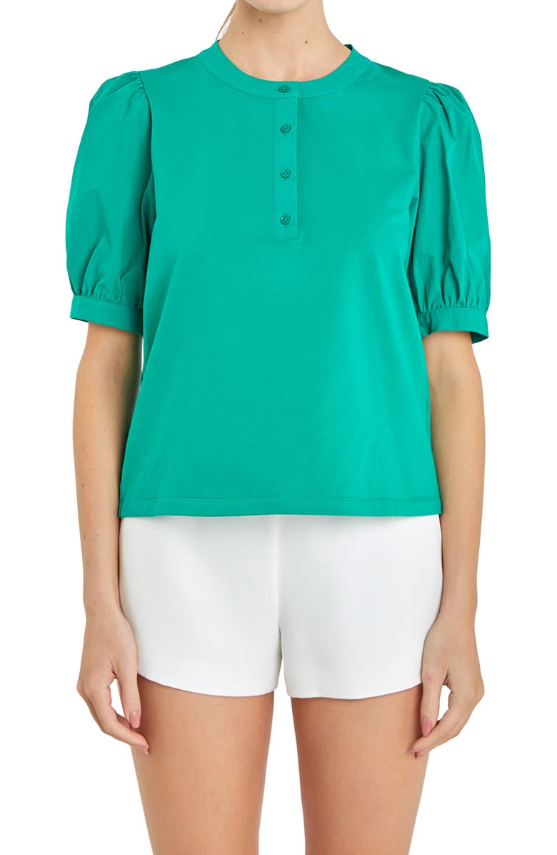 English Factory Mixed Media Puff Sleeve Top, Alternate, color, Green
