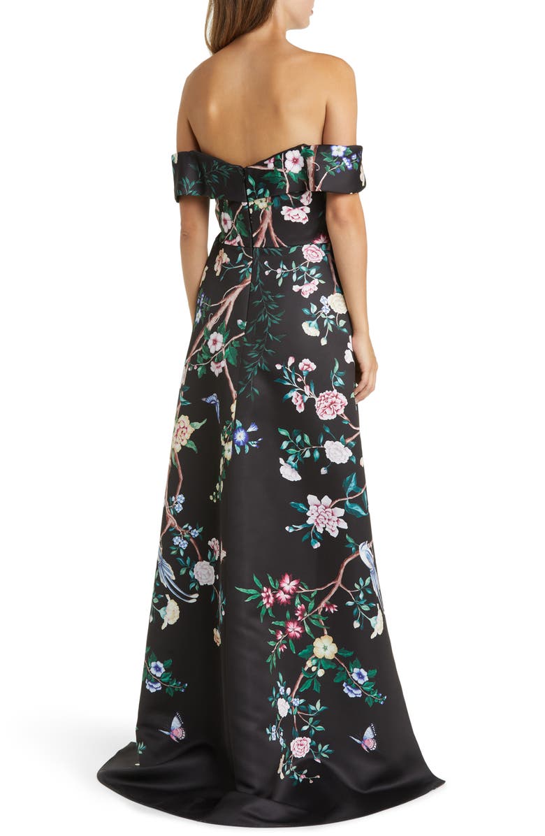 Marchesa Notte Floral Off the Shoulder High-Low Gown, Alternate, color, 