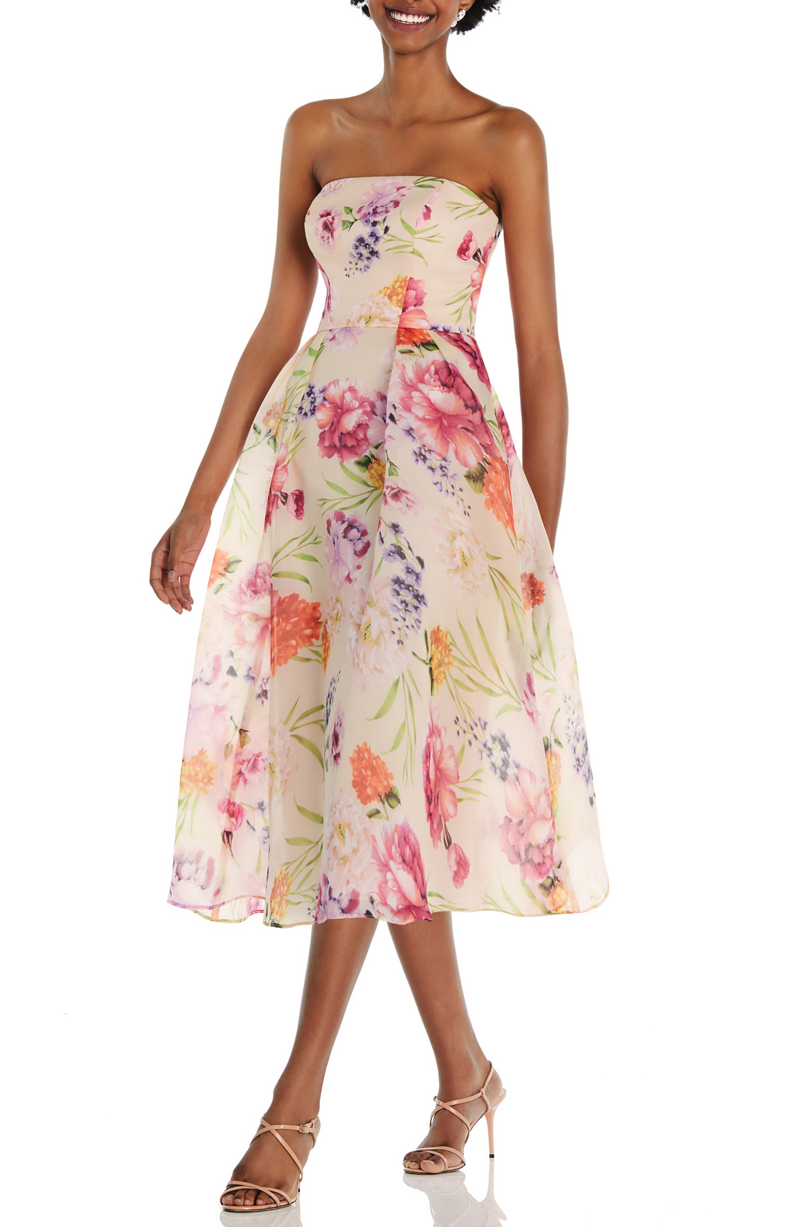 Alfred Sung Floral Print Strapless Midi Dress in Penelope Print 
