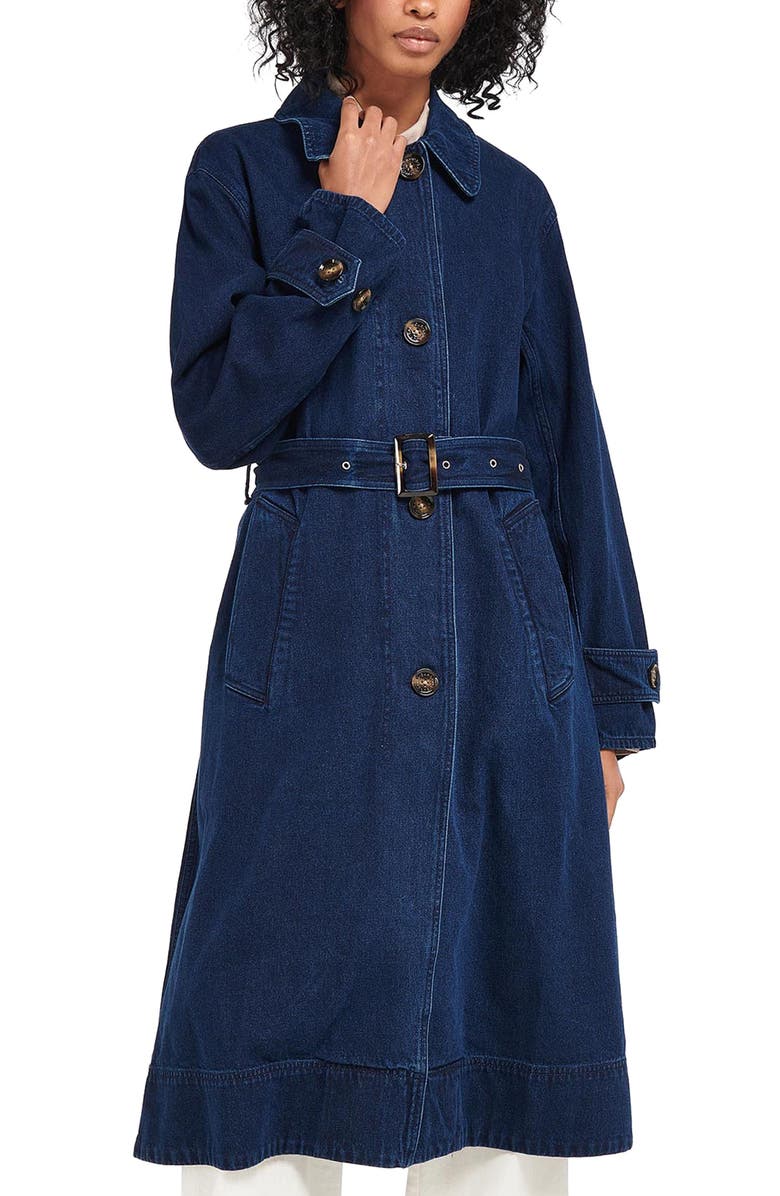 Barbour Cotton Denim Trench Coat, Main, color, 