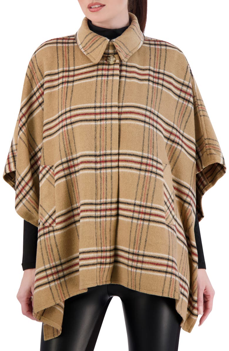 Ookie & Lala Plaid Brushed Knit Cape, Main, color, Camel/Black