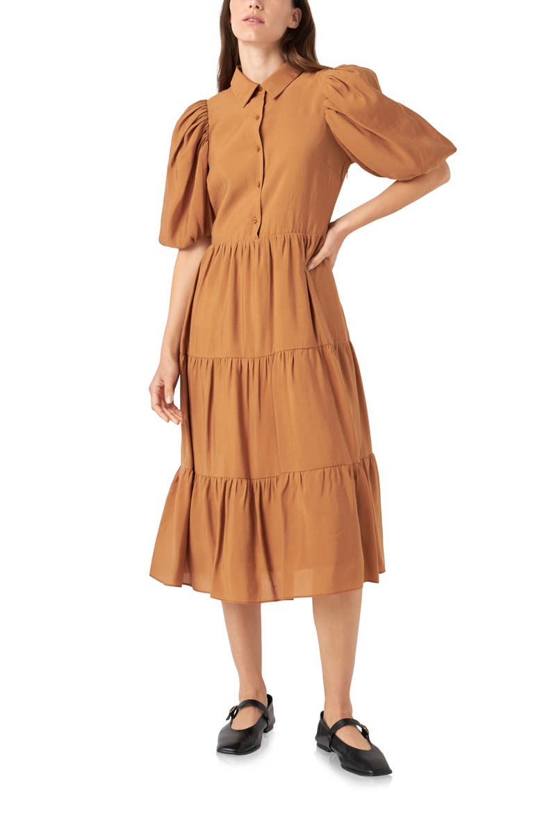 Tiered Midi Shirtdress, Main, color, BROWN